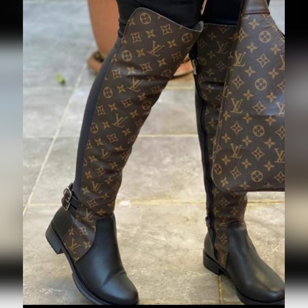 Brown Monogram Over-The-Knee Fashion Boots